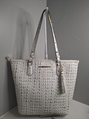Brahmin Ivory Blue Croc Embossed Leather Tote Bag Tassel Charm Great Condition